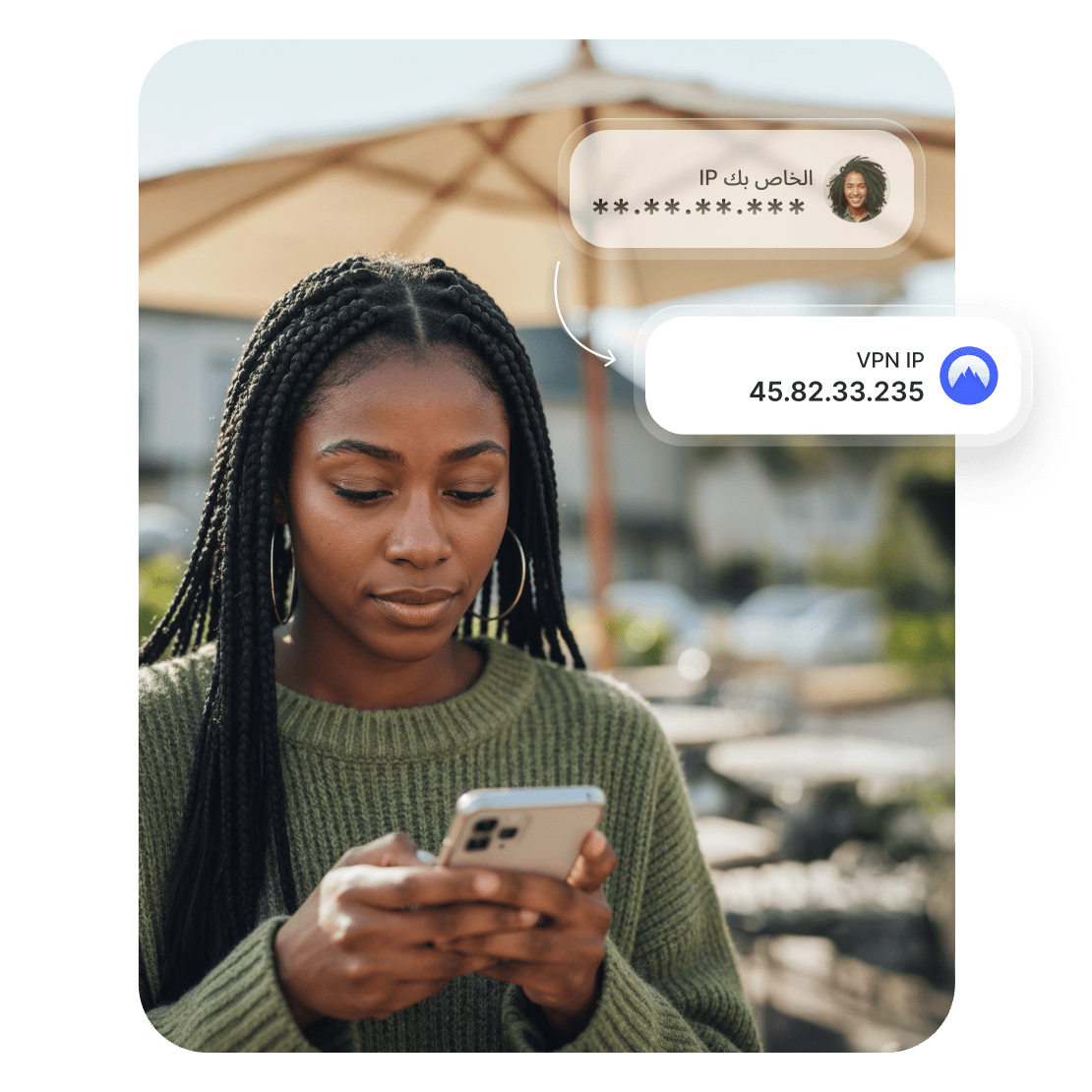 امرأة تستخدم هاتفها لتغيير عنوان IP الحقيقي الخاص بها إلى عنوان IP لخادم NordVPN.
