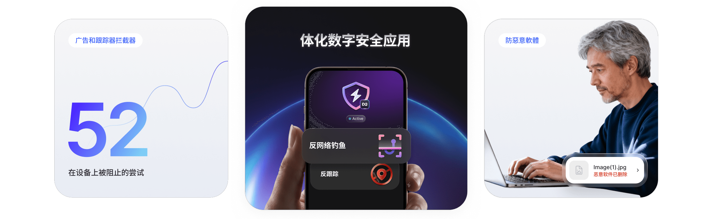 展示 NordVPN 新一代杀毒工具的反诈骗、跟踪和恶意软件功能的视觉元素。