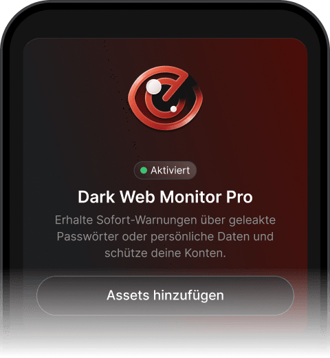 Die Benutzeroberfläche von Dark Web Monitor Pro zeigt an, dass die Funktion aktiv ist und so eingerichtet wurde, dass Warnungen über geleakte persönliche Daten gesendet werden.
