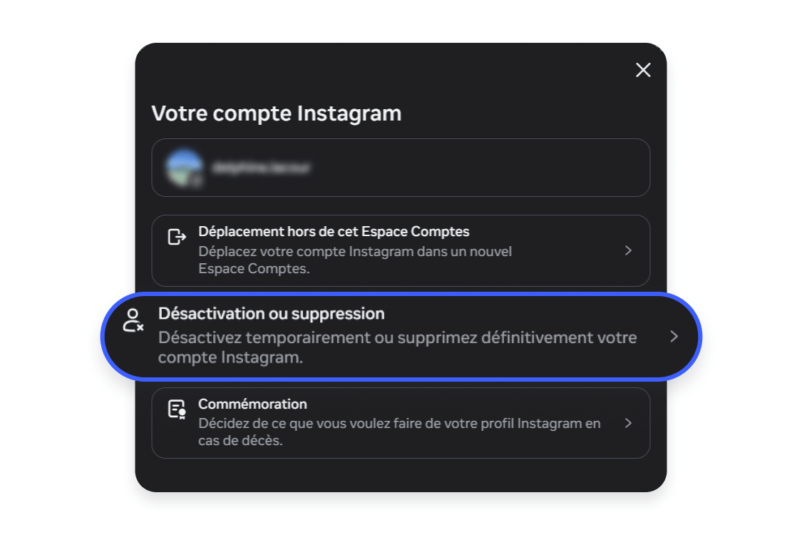 Suppression d&#39;un compte Instagram sur mobile : appuyer sur Désactivation ou suppression