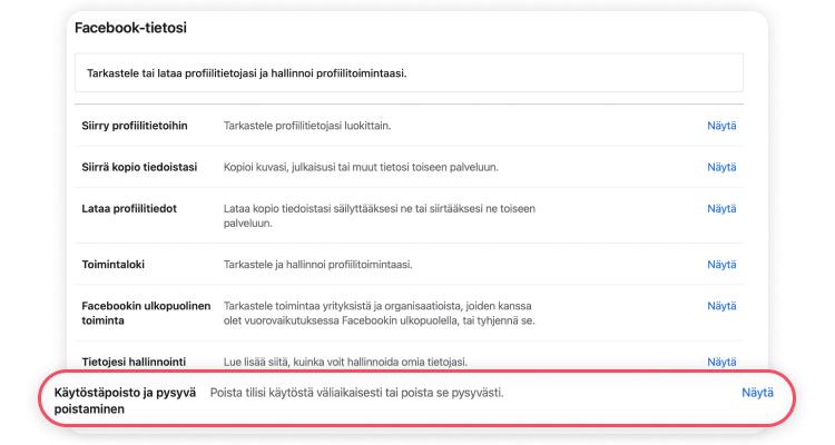 Facebook-tilin poistaminen: vaihe 2