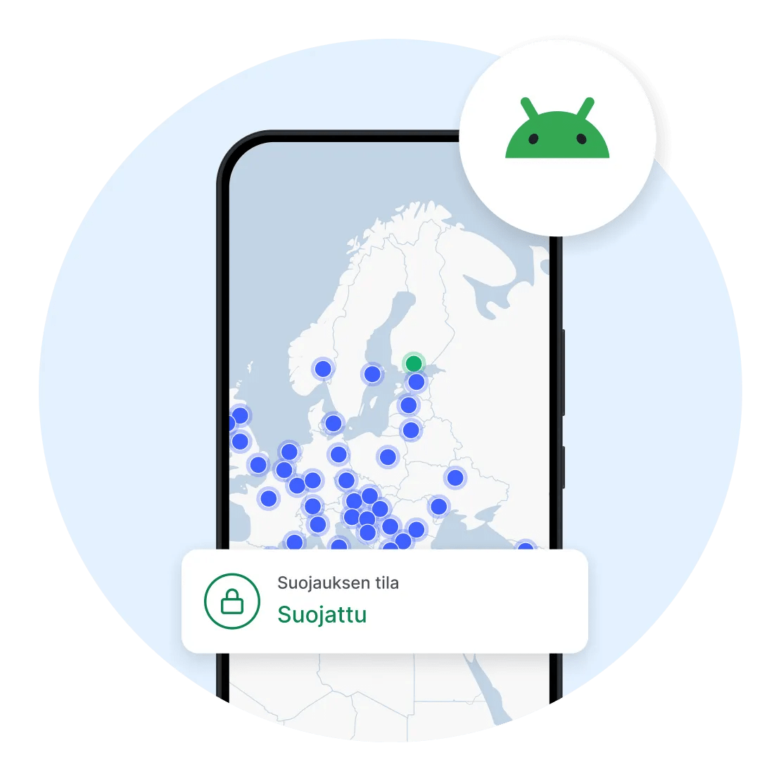 NordVPN:n VPN-asiakasohjelma on aktiivinen Android-älypuhelimella, josta näkyy, että yhteys on salattu.