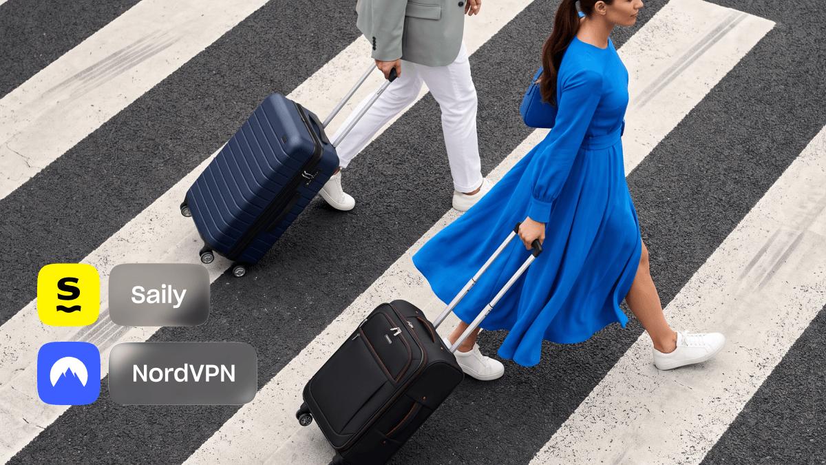 An illustrated traveler with a suitcase at an airport gate, beside payment card, location, and ID icons.