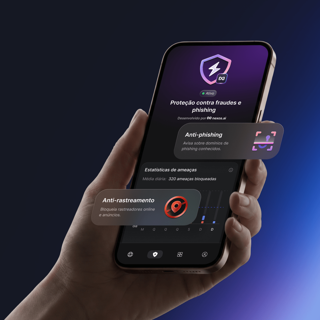 Uma mão segurando um celular com o painel de proteção contra golpes e os recursos anti-golpe e anti-rastreamento destacados na tela.