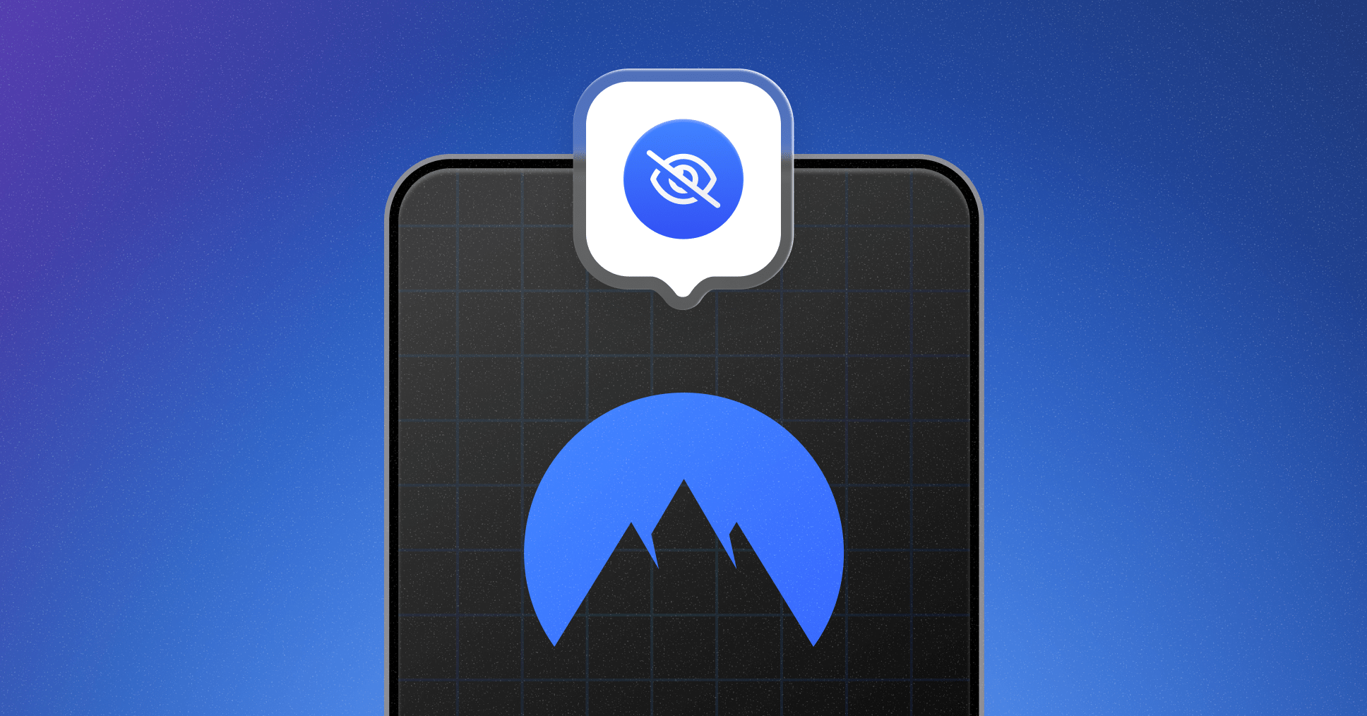 NordVPN 图标显示在手机界面，上方出现眼睛被遮挡的图示，意指 NordVPN 的无日志政策