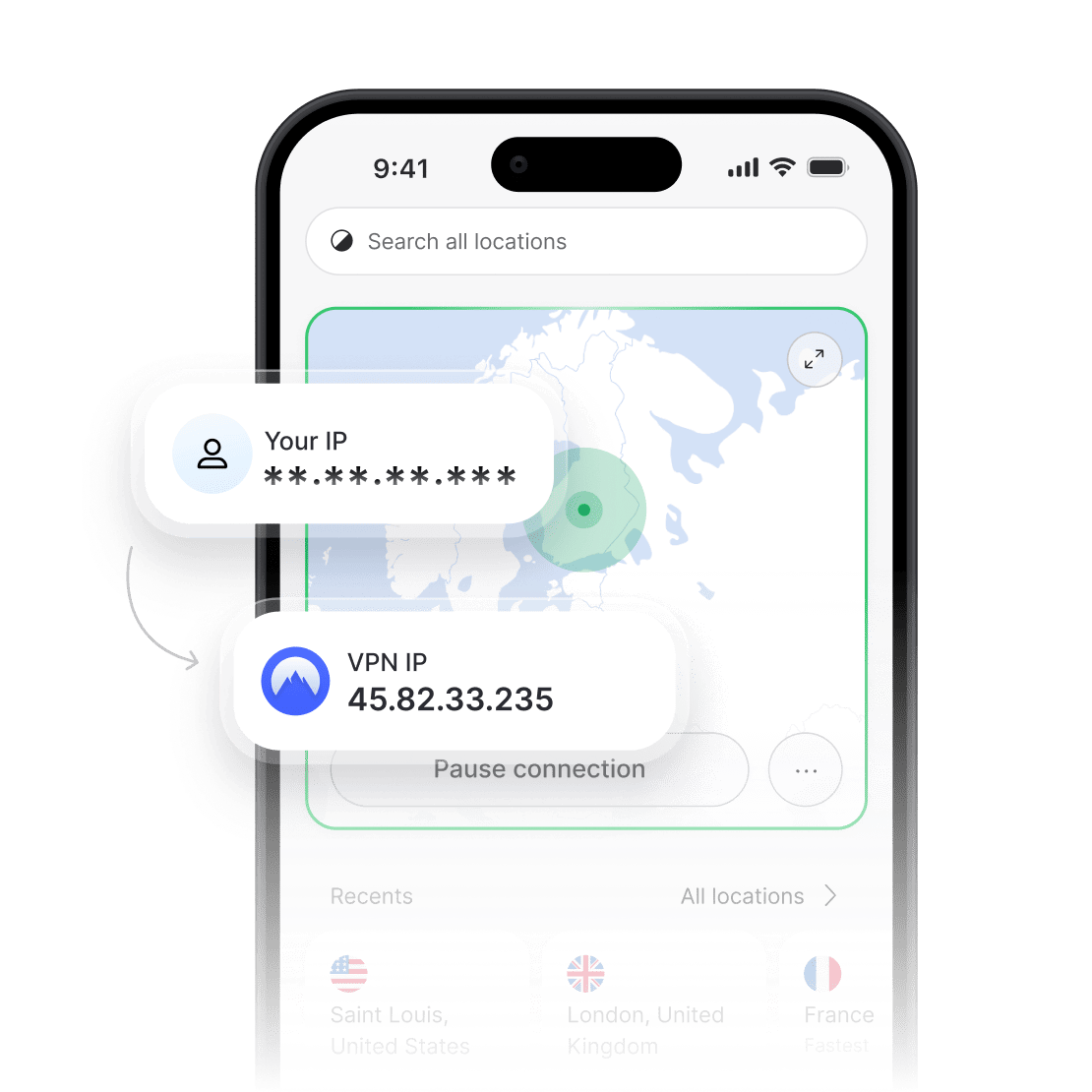 NordVPN-sovellus näyttää piilotetun todellisen IP-osoitteen ja uuden VPN:n kautta yhdistetyn IP-osoitteen.