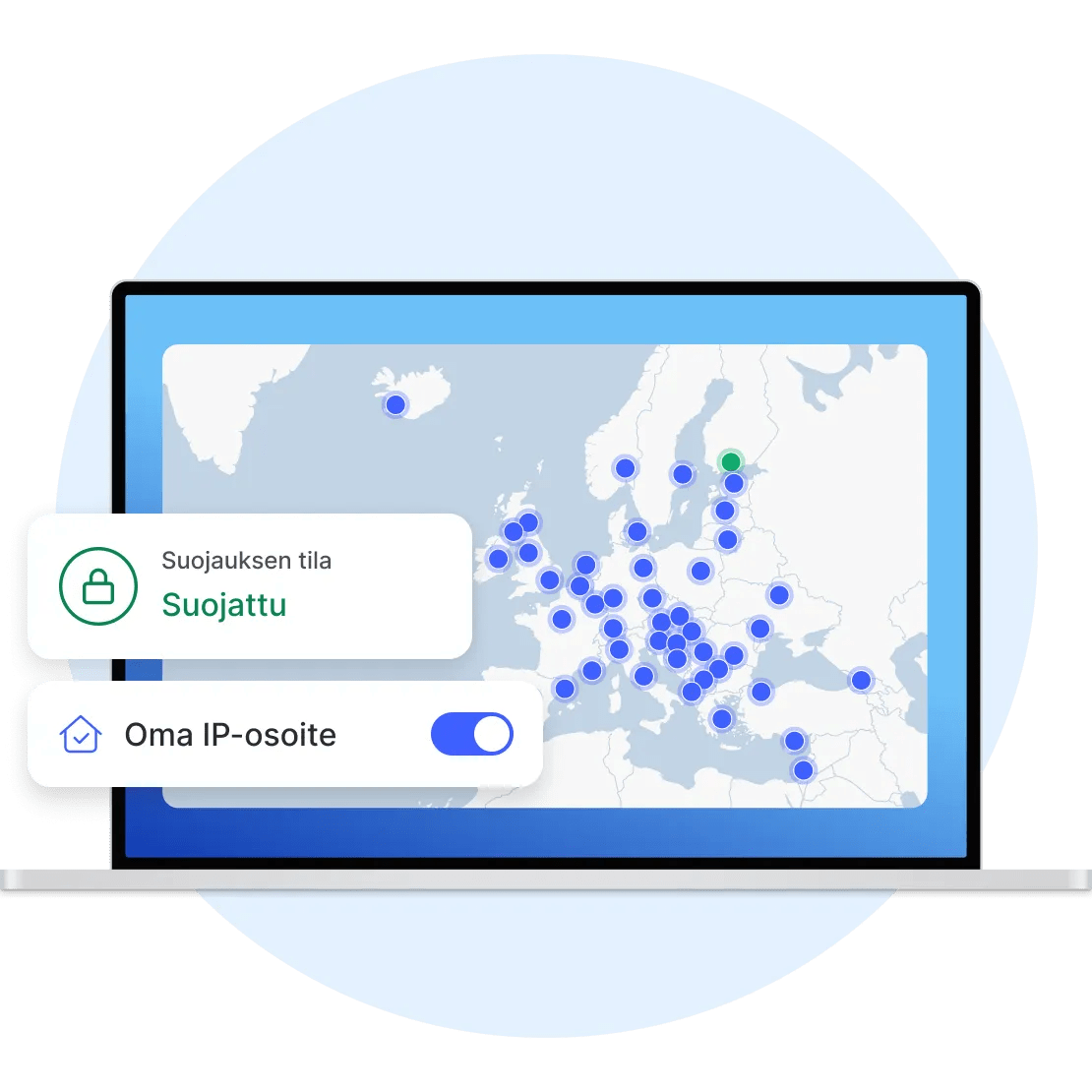 Kannettava, jossa on NordVPN-sovellus, yhdistettynä käyttäjän omaan IP-palvelimeen Suomessa.