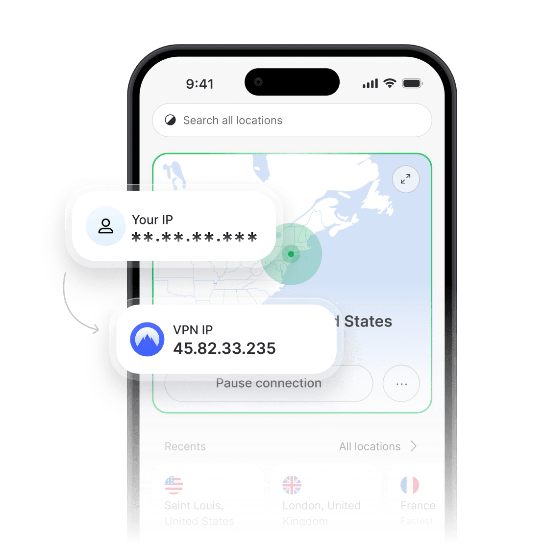 NordVPN app showing a hidden real IP address and a new VPN IP address.