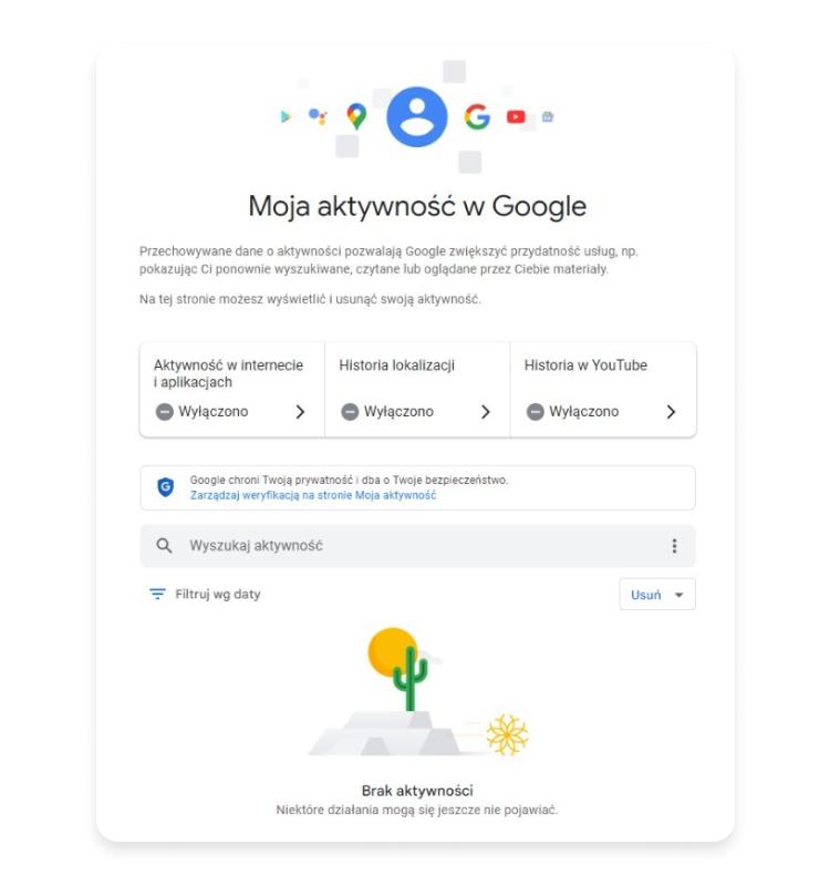 menu zarządzania historią wyszukiwania google