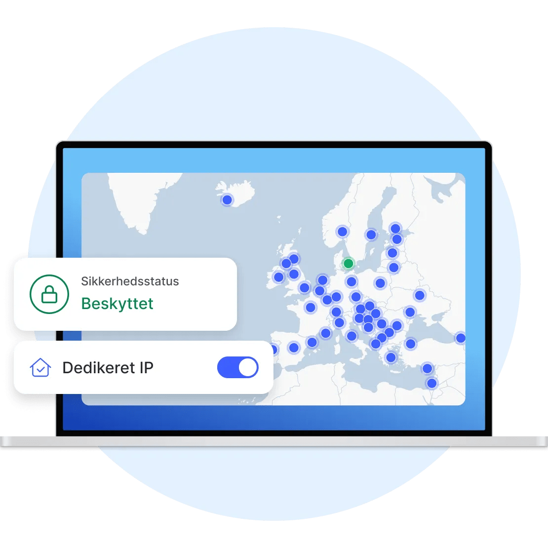 En bærbar computer med installeret NordVPN-app, som er forbundet til en dedikeret IP-server i Danmark.