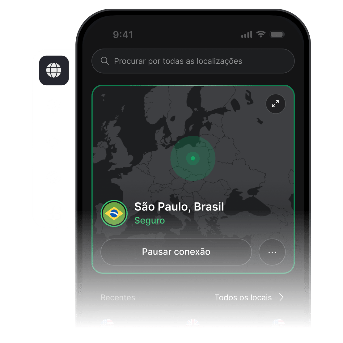 A tela de um smartphone com o aplicativo da NordVPN aberto, conectado a um servidor VPN nos EUA.