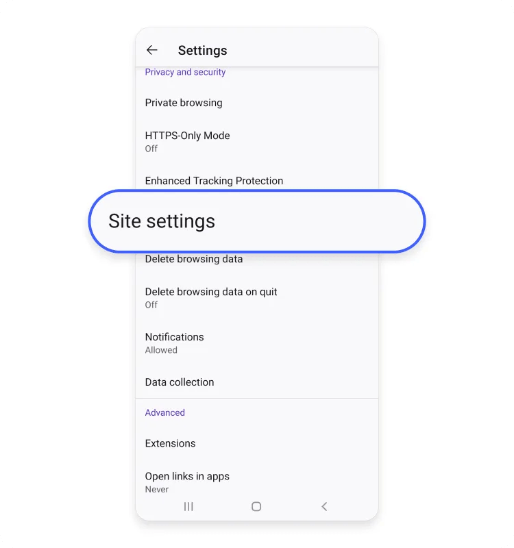 Disabling website notifications in Firefox on your Android: Step 3