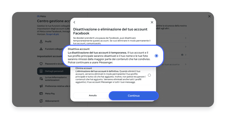 Disattiva Facebook PC