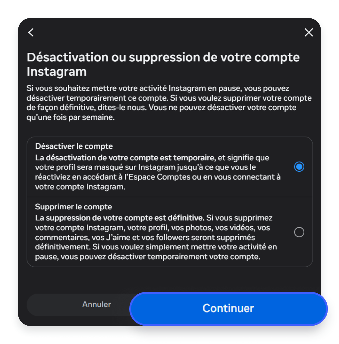 Désactivation d&#39;un compte Instagram via un ordinateur : cliquer sur Désactiver le compte, puis Continuer