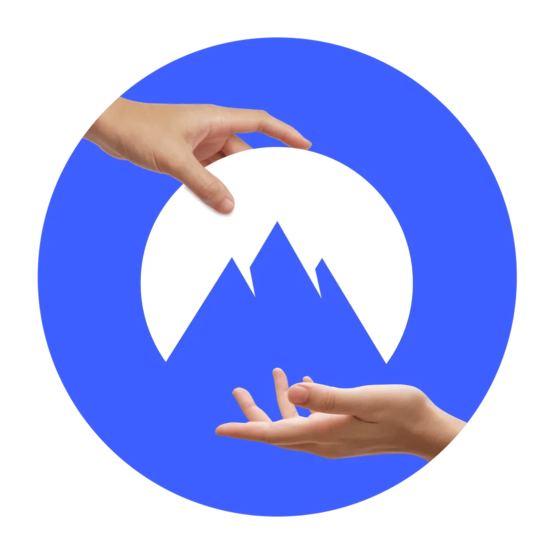 NordVPN:n logo, jota ympäröivät kädet, jotka antavat ja ottavat jotain.