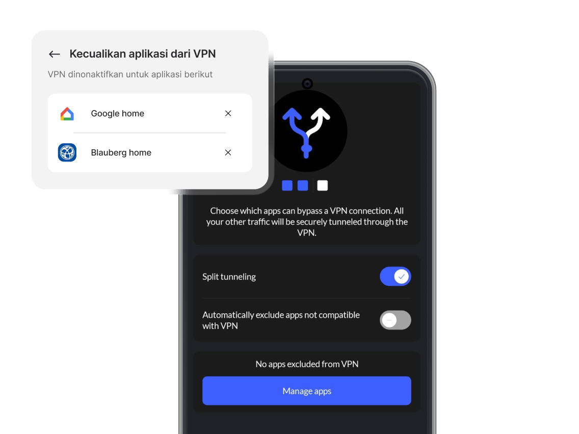 Ponsel pintar dengan aplikasi NordVPN, tombol terowongan terpisah aktif.