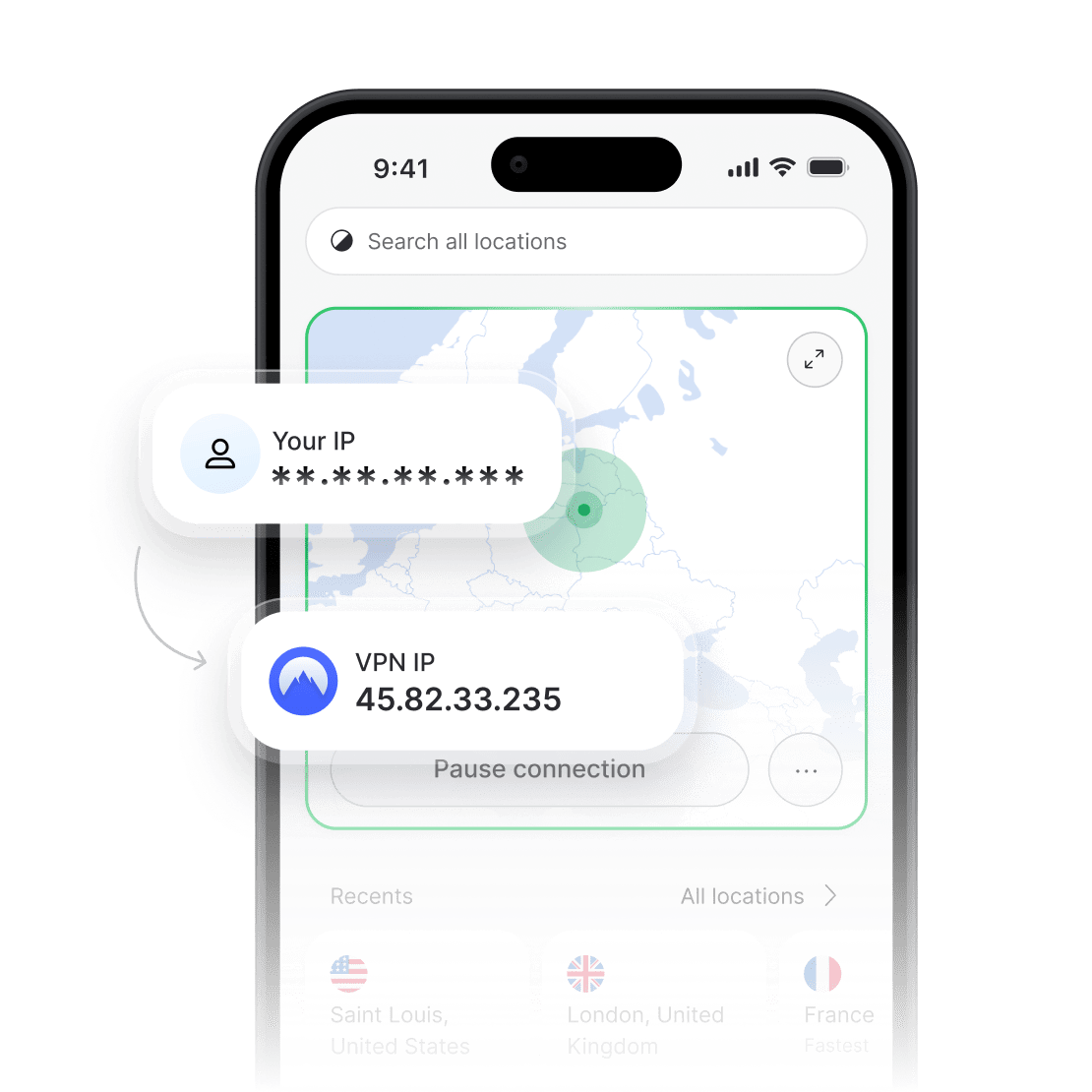 „NordVPN“ programėlėje rodomi paslėptas tikrasis IP adresas ir naujas VPN IP adresas.