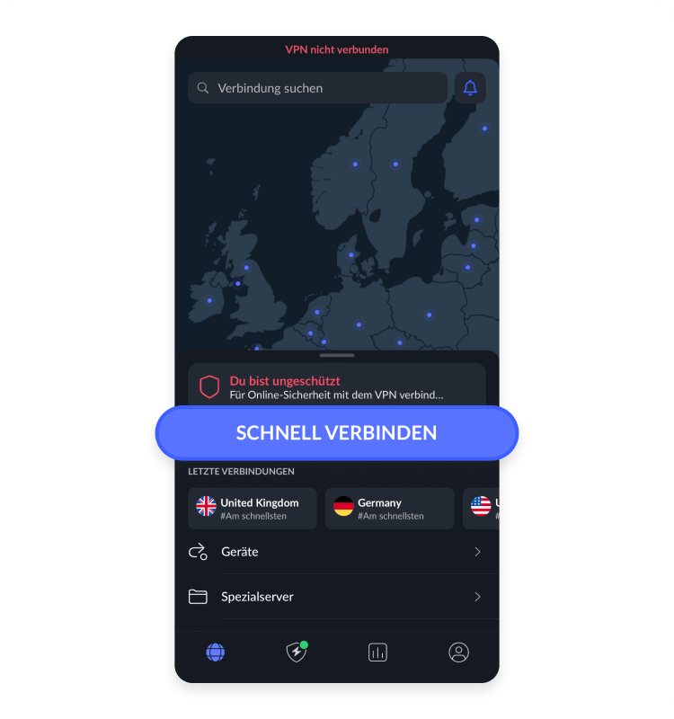 VPN app anmelden und auf der Startseite auf schnell verbinden klicken