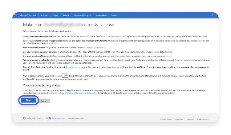 How to delete your Skype account step 3