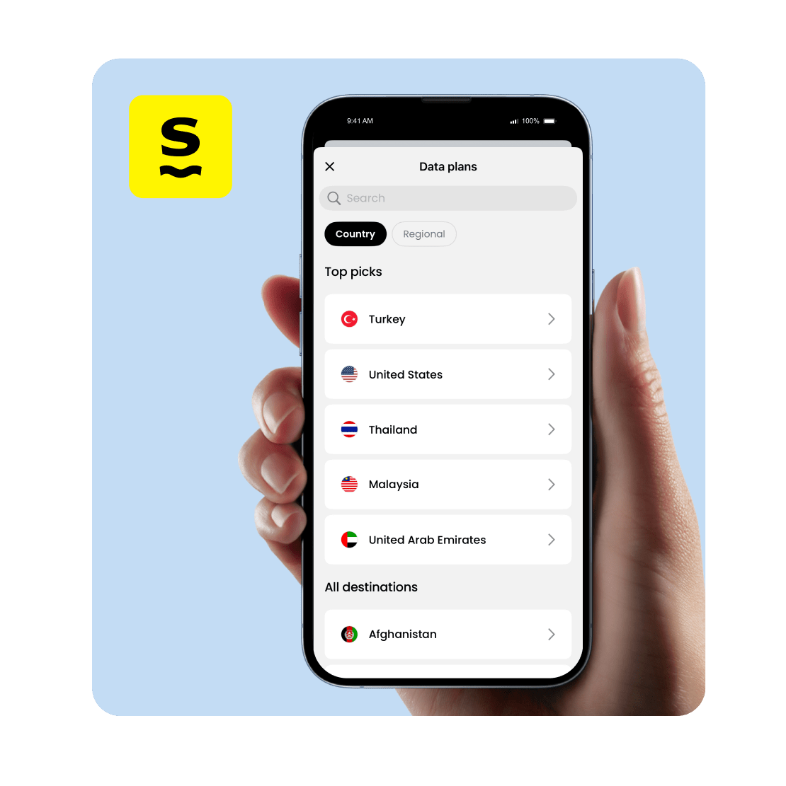 Saily app’s main page, featuring the most popular country eSIM data plans.