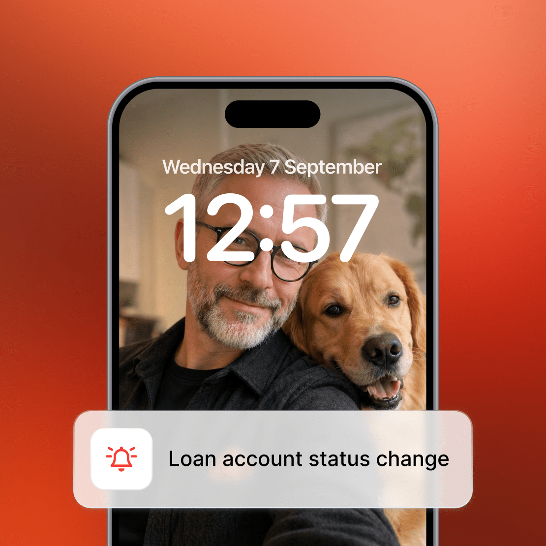A smartphone lockscreen with a Coveron alert for a loan status change.