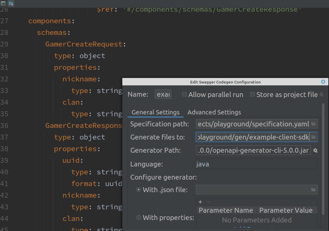 PhpStorm showing an OpenAPI spec beside the Edit Swagger Codegen configuration dialog.