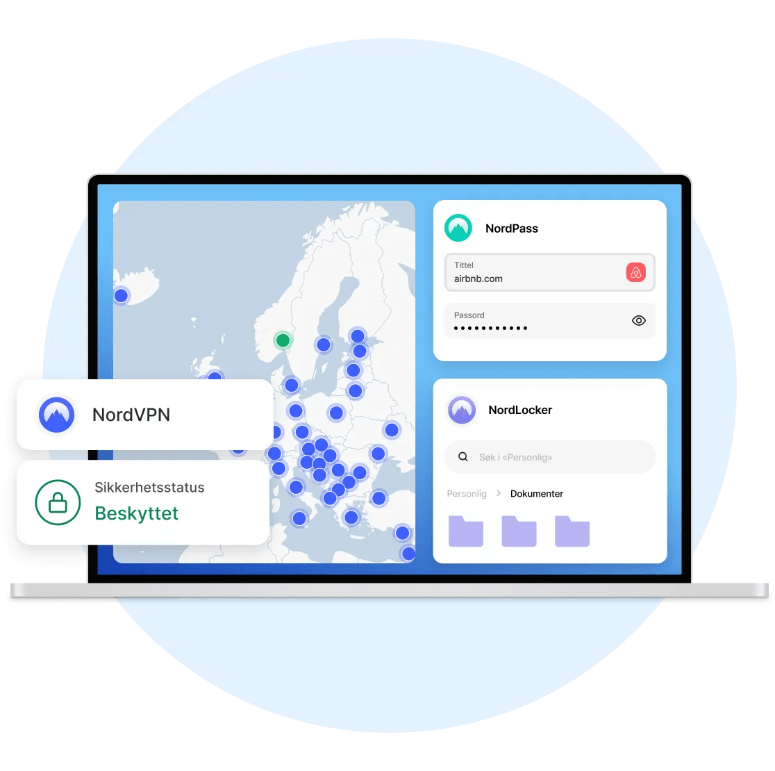 En laptop-skjerm som viser at NordVPN, NordPass og NordLocker er installert og beskytter brukeren.