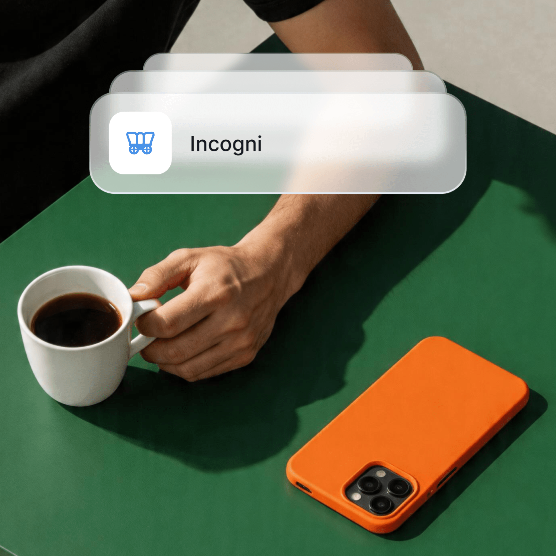 A person drinking coffee while using the Incogni personal data removal tool.