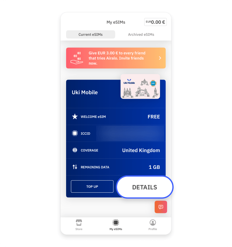 A screenshot of step 2 with the “Details” button highlighted on the Airalo app.