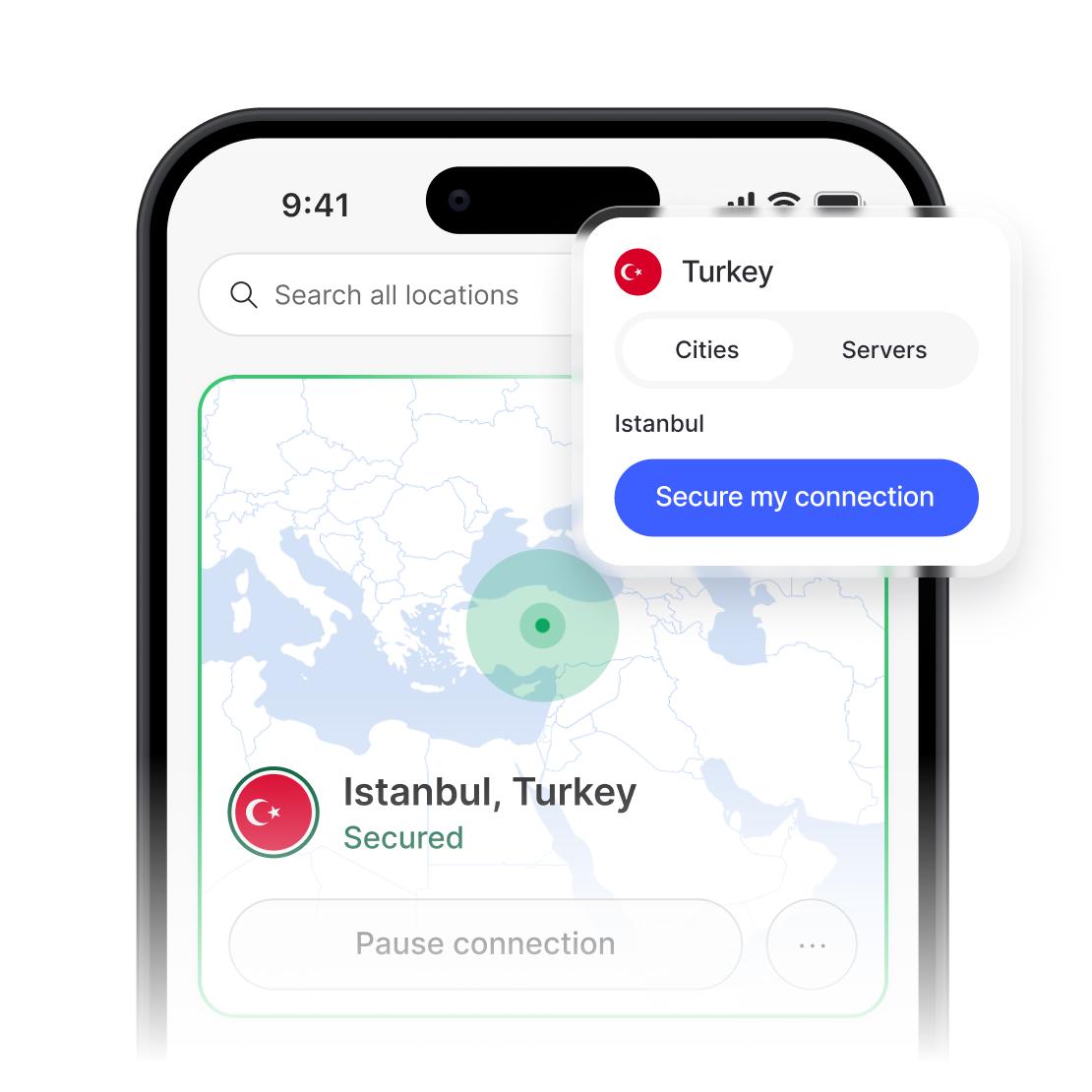 Güvenli bir bağlantıyı ve Türkiye sunucu listesini gösteren NordVPN uygulaması.