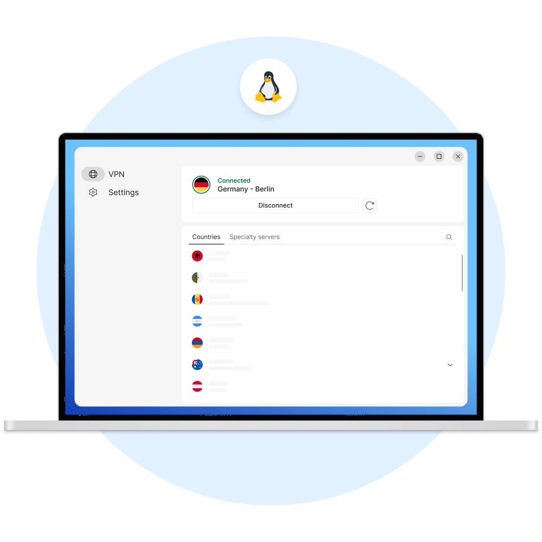 Ein Laptop-Bildschirm, der die NordVPN-Länderserver anzeigt - eine Alternative für ein kostenloses VPN für Linux.