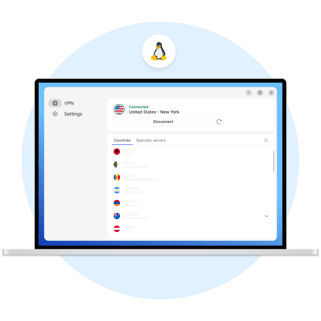 A laptop screen that shows the NordVPN country servers — an alternative for a free VPN for Linux.