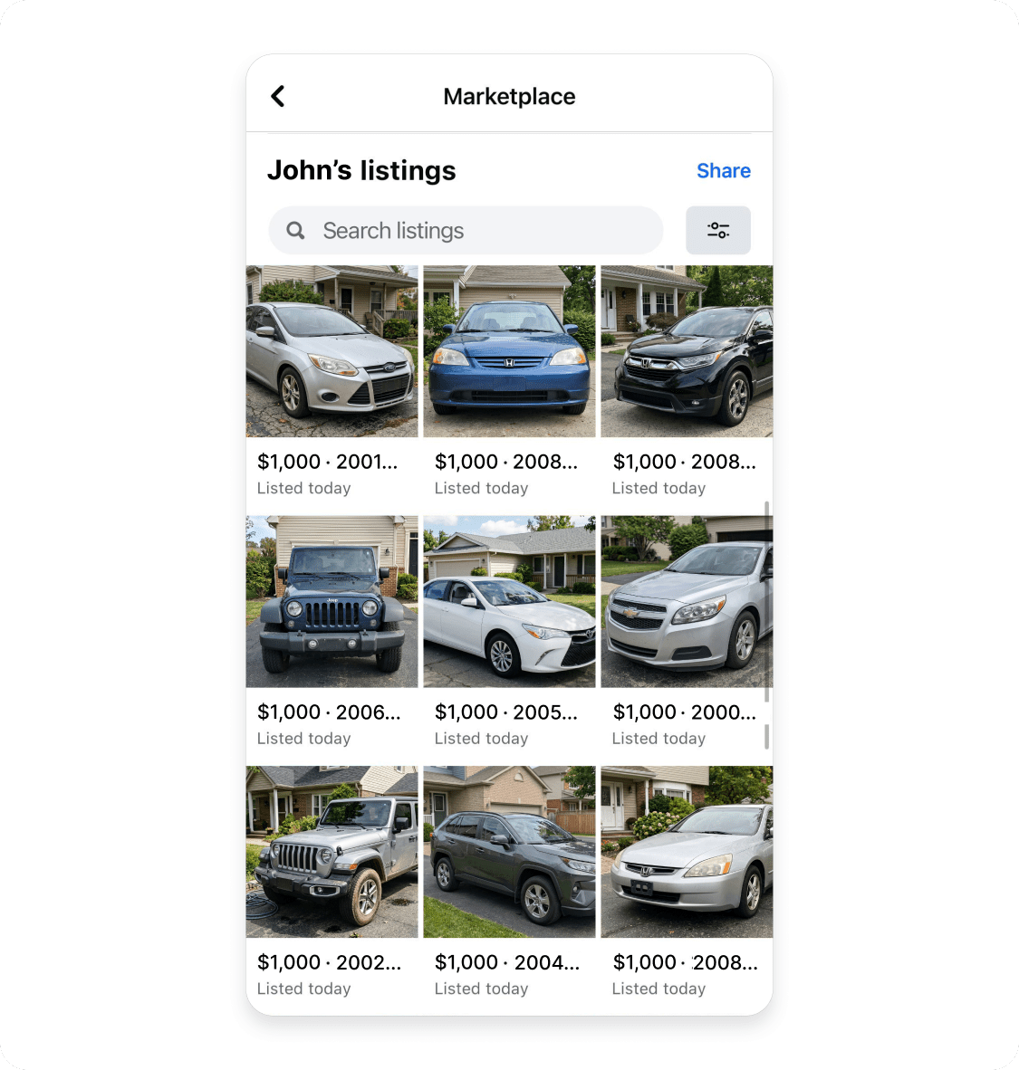 Fake Facebook Marketplace seller profile with multiple car listings at identical low prices, all posted on the same day.