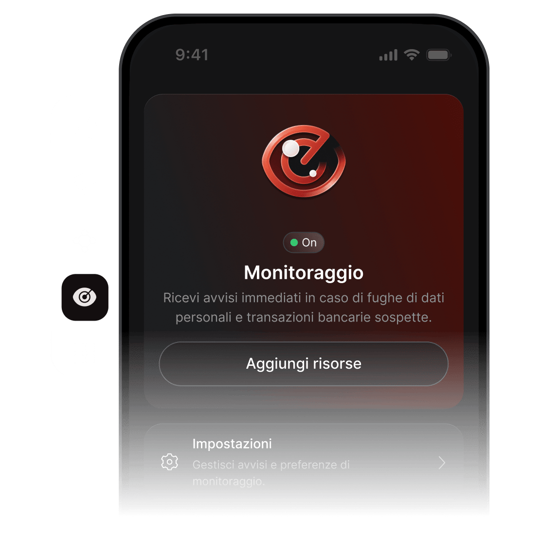 Lo schermo di uno smartphone che mostra che la funzionalità di monitoraggio di NordVPN è attiva e configurata per inviare avvisi.