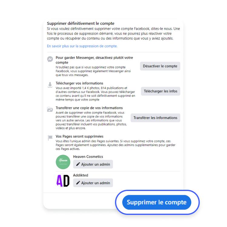 Confirmez la suppression de votre compte Facebook