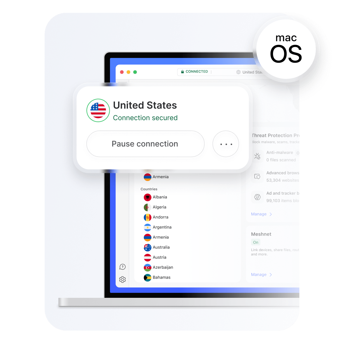 A computer screen showing a VPN for MacOS with available VPN servers in the US