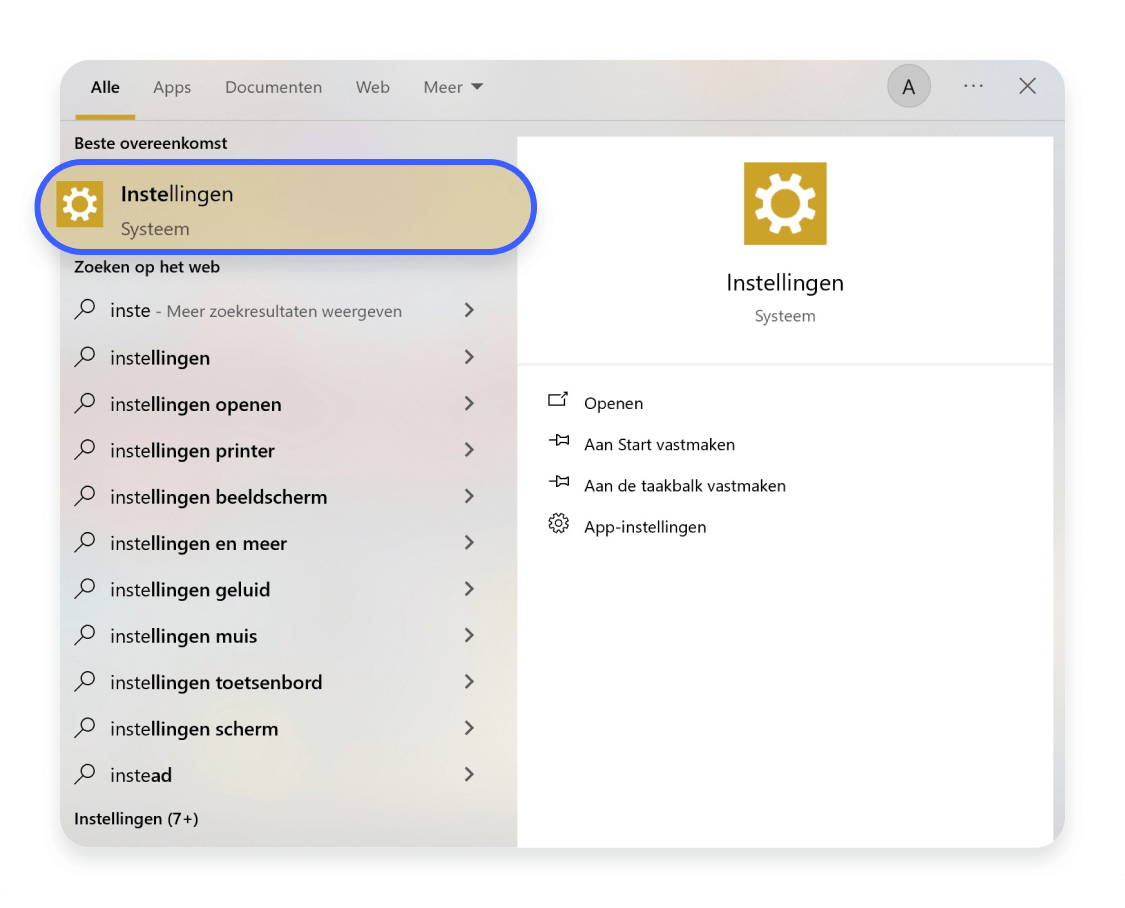 instellingen in startmenu