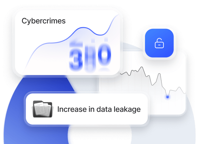 Cybercrime dashboard showing rising data leaks and security trends next to a lock icon representing security.
