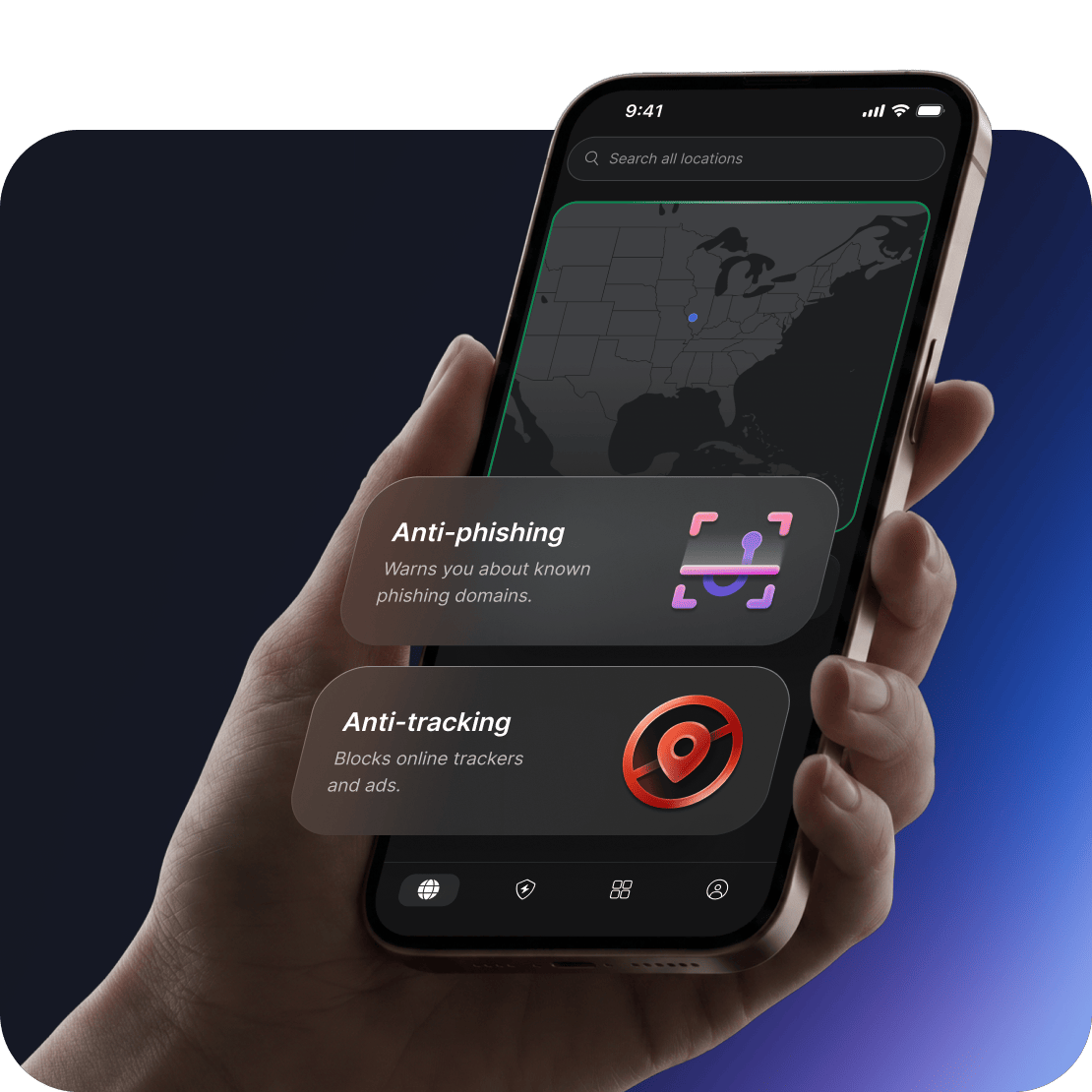 Le funzionalità di sicurezza di NordVPN per la protezione da truffe e phishing mostrate sullo schermo di un dispositivo.