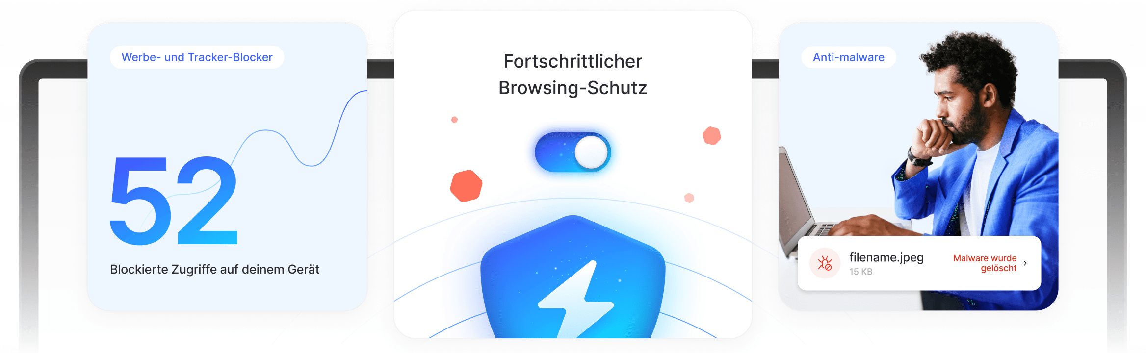 Ein Mann genießt fortgeschrittenen Browsing-Schutz und vermeidet Anzeigen, Tracker und bösartige Downloads.