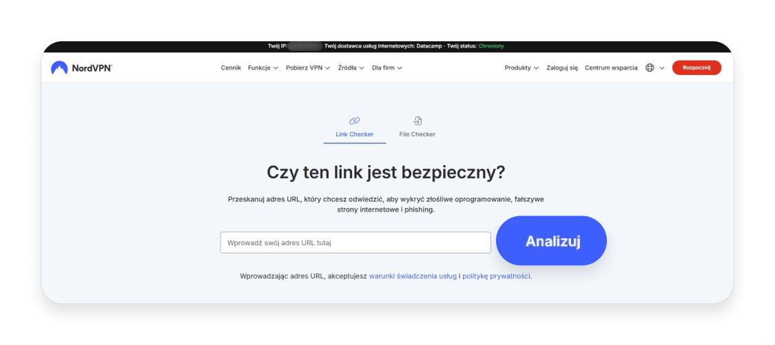 Strona narzędzia weryfikatora linków