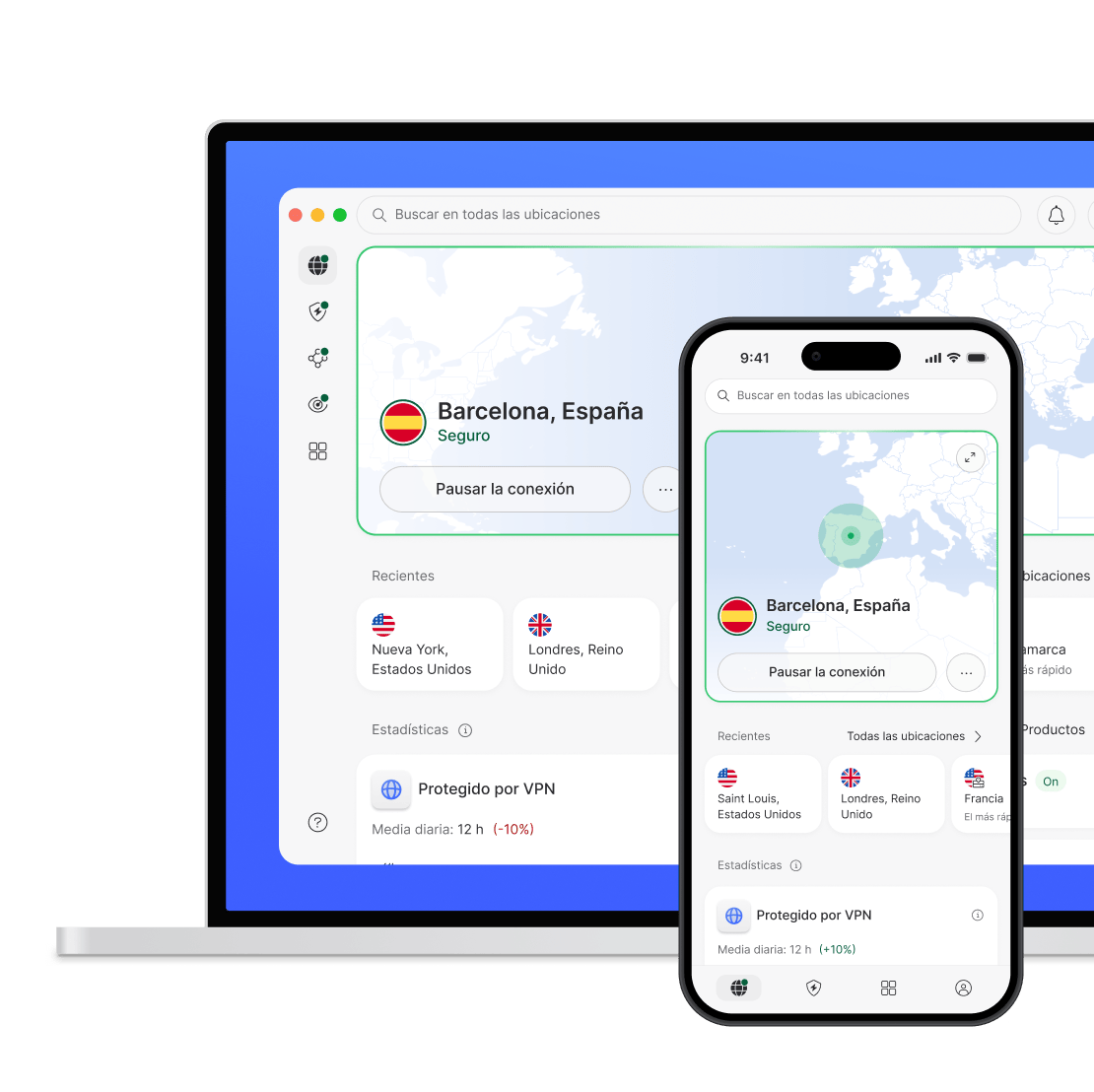Un portátil y un smartphone protegidos por NordVPN.