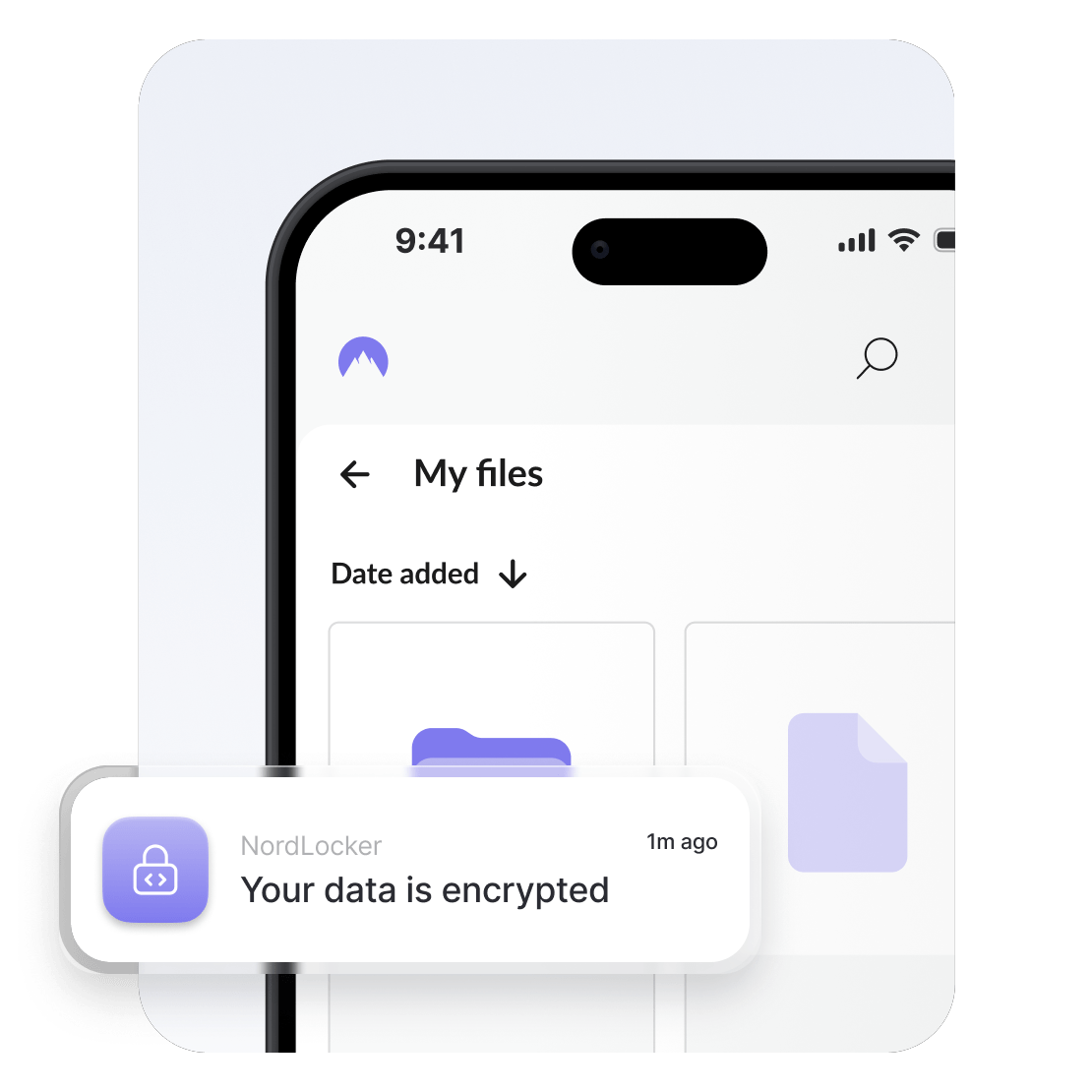 A phone displaying NordLocker with encrypted files stored in the cloud.