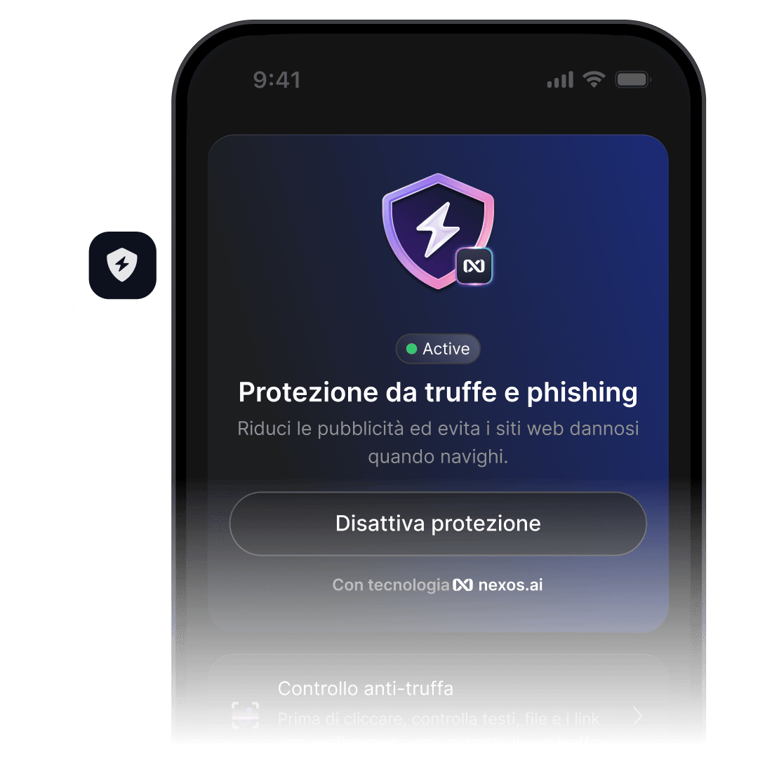 Lo schermo di uno smartphone con l’app di NordVPN aperta e la funzionalità di protezione da truffe e phishing attiva.