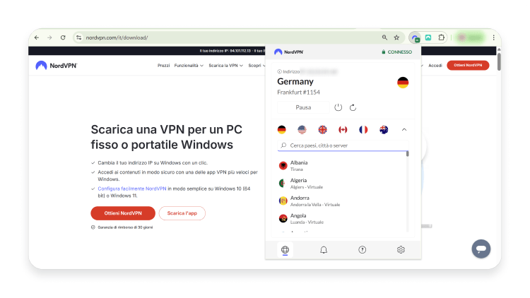 server Paesi estensione browser NorVPN
