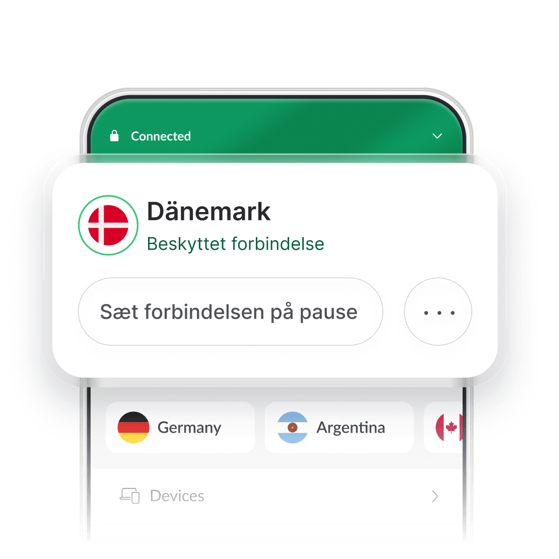 Et skærmbillede af NordVPN-appens brugerflade, hvor serveren i Danmark er valgt.