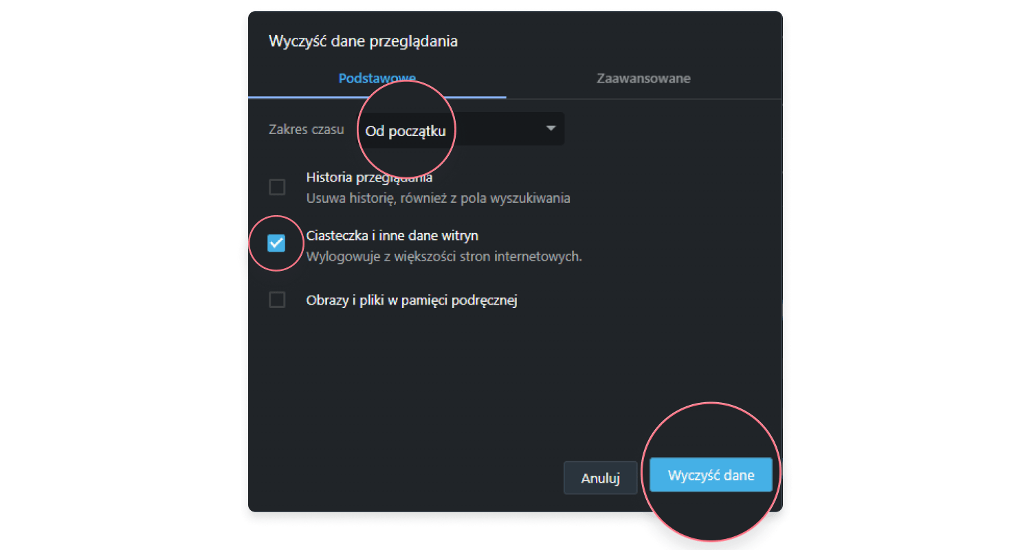 Czyszczenie cookies – Opera: krok 3