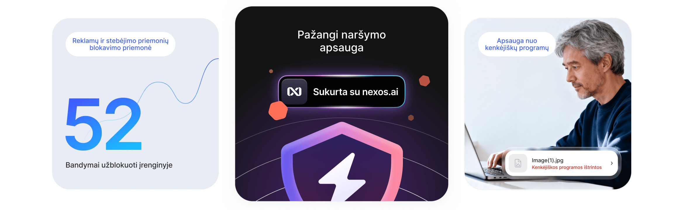 Vyras džiaugiasi pažangia apsauga naršant ir išvengia reklamų, stebėjimo priemonių bei kenkėjiškų atsisiunčiamų failų.