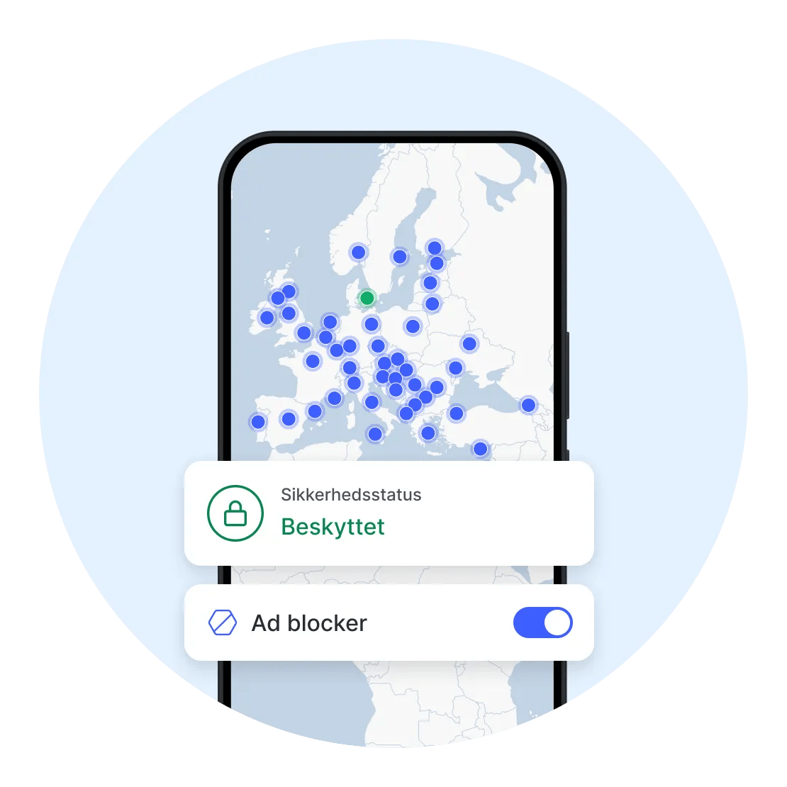 En NordVPN-mobilapp med aktiveret annonceblokering
