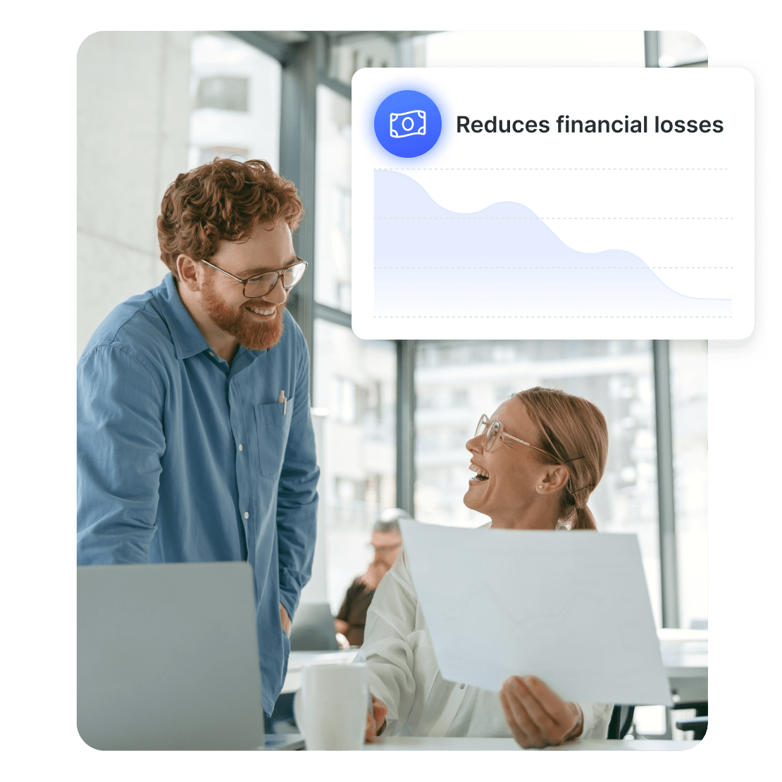 A man and woman discussing how cybersecurity reduces financial losses.
